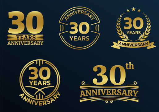 30 years icon or logo set. 30th anniversary celebrating golden sign or stamp. Jubilee, birthday celebration design element. Vector illustration.