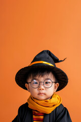 Wall Mural - Asian Child in Wizard Costume on Orange Background - Halloween Banner Ready