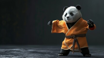 Wall Mural - 3D cartoon character of a panda doing kung-fu with dark background.