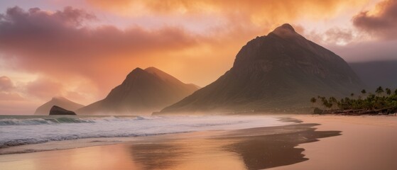 Wall Mural - a beautiful beach with surfaces in the distance, a large mountain on one side