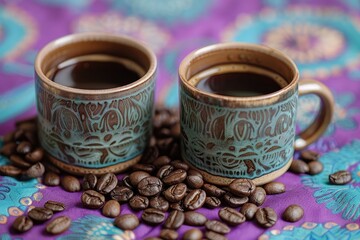 Wall Mural - two cups of coffee sit next to a pile of coffee beans on a purple and blue tablecloth, with a few more coffee beans scattered around the mugs