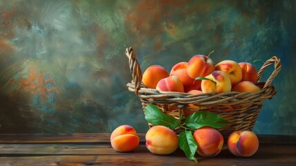 Wall Mural - Peaches in a basket, fresh and ready to eat, resting on a wooden table.