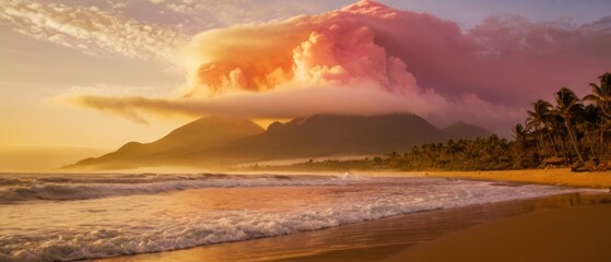 Wall Mural - a beautiful beach with surfaces in the distance, a large mountain on one side