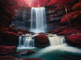 Wall Mural - Scenic forest waterfall surrounded by red leaves
