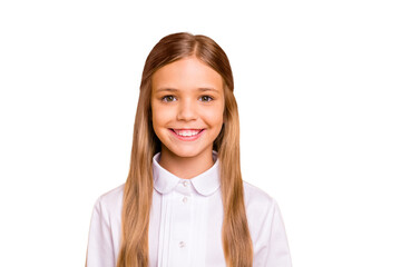 Poster - Close-up portrait of her she nice-looking attractive winsome pretty cheerful cheery straight-haired preteen girl isolated over bright vivid shine yellow background