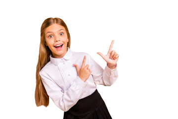 Wall Mural - Close-up portrait of nice attractive confident glad cheerful straight-haired pre-teen girl pointing aside advert tips feedback sale discount solution isolated over bright vivid shine yellow background