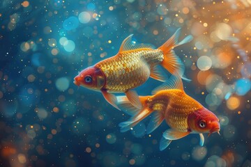 Two fish swimming side by side against a backdrop of blue and orange, dotted with stars above