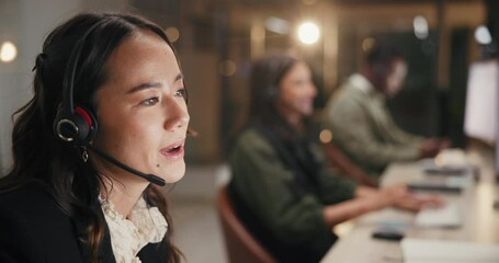 Poster - Woman, call center and consulting with headphones at night for customer service or support at office. Female person, employee or agent talking for communication, CRM or telemarketing at workplace