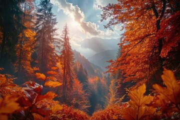 Wall Mural - Stunning autumn forest landscape with orange and red leaves under a dramatic sky, capturing the serene beauty of fall season.