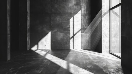 A light comes through a window in an empty interior. This is a copy-space background with an architectural background.