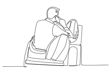 Wall Mural - Single continuous line drawing back view of male manager sitting on office sofa during calling team member to give instruction. Work direction concept. One line draw graphic design vector illustration