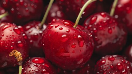 Fresh Red Cherries with Water Droplets.
Close-up of Wet Cherries Background