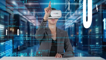IT developer typing computer code for analyzing intelligent website development coder system data selection by VR innovation interface digital network technology visual hologram server. Contraption.