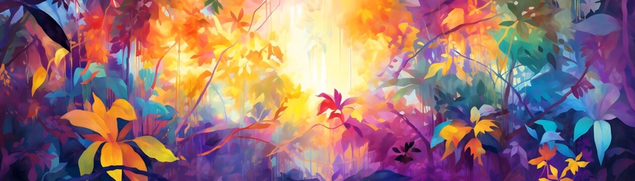 abstract jungle painting featuring a vibrant yellow flower in the foreground