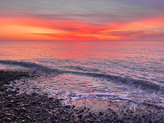 Wall Mural - bright sunset sky with cloud and sea beach. nature travel background