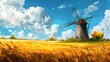 © Joyce - Artistic painting of rural countryside scene with traditional windmill and golden wheat field