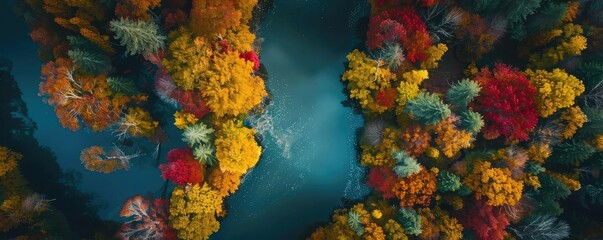 Wall Mural - Aerial view of vibrant autumn forest with colorful foliage surrounding a tranquil river, showcasing nature's beauty during fall season.