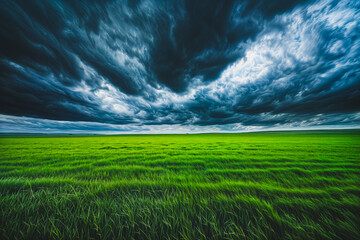 Bright green field of grass under a dark stormy clouds