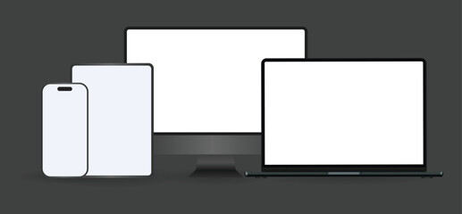 Black computer and phone mockup set with desktop, laptop and tablet. Realistic clay electronic device set in front view, pc screen, open notebook, pad and mobile display isolated on grey background..