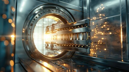 Open bank vault with a bright light, 3D illustration.