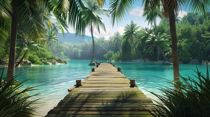 Wall Mural - Beautiful luxury tropical vacation resort with palm tree and houses