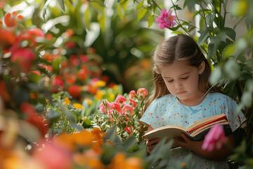 Wall Mural - a beautiful little girl is reading book in the flower garden