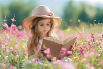 Wall Mural - a beautiful little girl is reading book in the flower garden