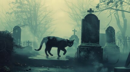 Wall Mural - black cat walking through misty cemetery with mosscovered tombstones spooky halloween scene digital art