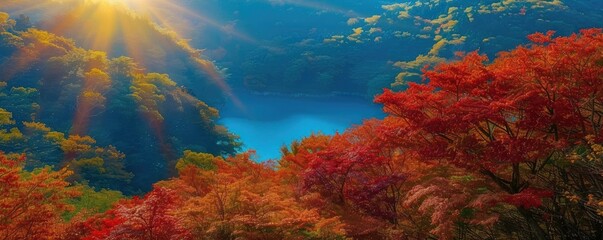 Wall Mural - Stunning autumn landscape with vibrant red foliage, a serene blue lake, and rays of sunlight peeking through the trees.