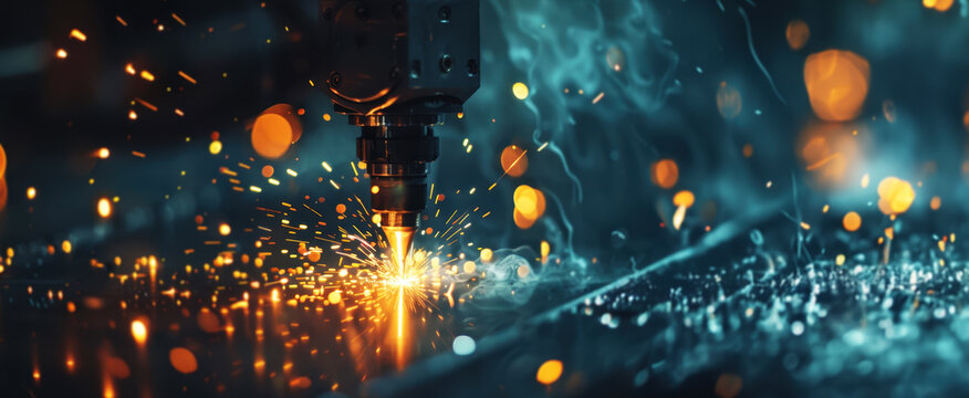 close-up shot of an industrial laser machine in action, with sparks flying around it as it cuts through metal beams. The background is dark and moody, highlighting the dynamic motion of the welding pr