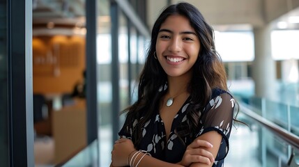 Portrait of smiling young multiethnic woman looking at camera with crossed arms Successful latin business woman standing in modern office with copy space Young university hispanic girl : Generative AI