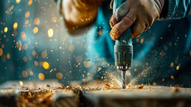 Skilled Construction Worker Drilling into Wood with Heavy-Duty Drill, Showering Wood Chips and Sawdust