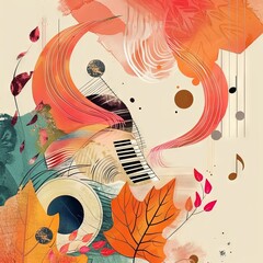 Wall Mural - Autumn Music Collage, Surreal Trendy Contemporary Poster, Fall Music Concept, Copy Space