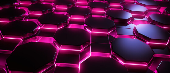 Poster - Futuristic Hexagonal Tiles with Vibrant Neon Pink Lighting