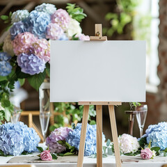 Wall Mural - white blank horizontal poster on easel in front of wedding reception tables with pastel blue and purple colors hydrangea flowers 