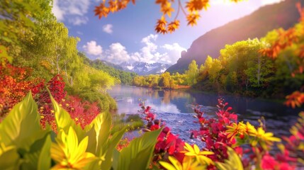 Poster - A vibrant autumn landscape with colorful foliage, a serene river, and majestic mountains under a bright blue sky.