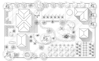 Wall Mural - landscape design plan with house, courtyard, lawn and garage top view. highly detailed plan of count