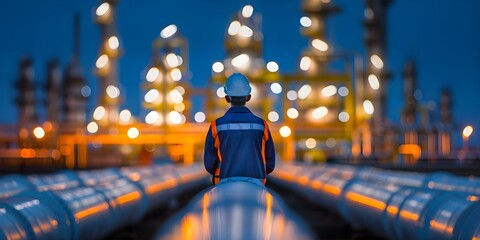 Wall Mural - Petroleum engineer inspecting industrial pipelines in oil production facility. Concept Oil Production, Petroleum Engineering, Industrial Pipelines, Inspections