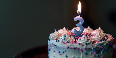 Wall Mural - A close-up of a birthday cake with a lit number 3 candle and colorful sprinkles.