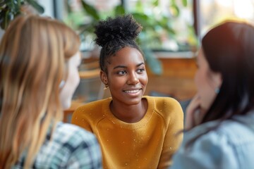 Three women are sitting together and one of them is wearing a yellow sweater