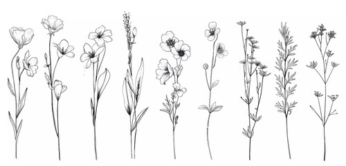 Vector set of hand drawn wild flowers isolated on white background, vector illustration in thin line style,