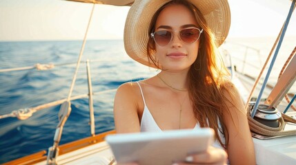 A young woman relaxes on a yacht, using a tablet with the ocean in the background