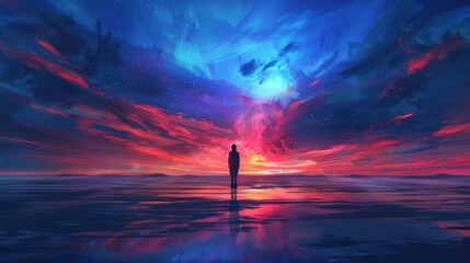 Wall Mural - A person stands on a beach at sunset, looking out at the ocean