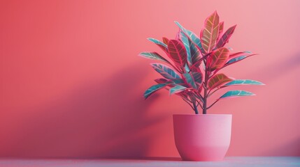 Wall Mural - A pink plant in a pink pot sits on a red wall