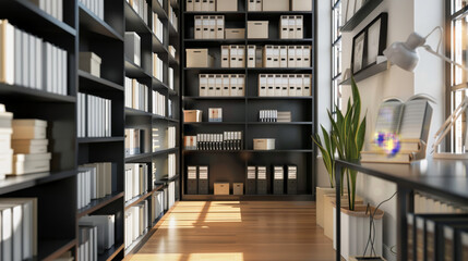 Sticker - A modern library with tall bookshelves filled with neatly organized books and documents, bathed in warm, natural sunlight streaming through large windows.