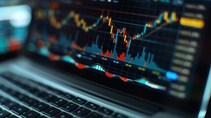 Aufkleber - A close-up of a laptop screen displaying a stock market graph with fluctuating prices and trading volumes.