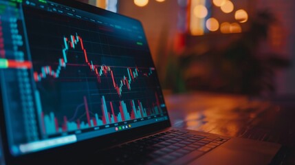 Aufkleber - A close-up of a laptop screen displaying a stock market graph with fluctuating prices and trading volumes.