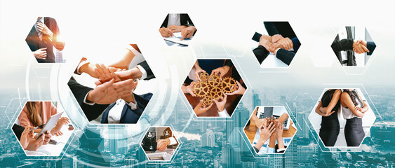 Wall Mural - Teamwork and human resources HR management technology concept in corporate business with people group networking to support partnership, trust, teamwork and unity of coworkers in office vexel
