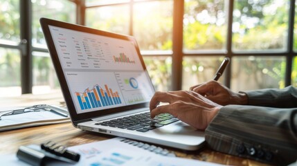 Poster - A corporate executive studying quarterly financial results with profit margin graphs and expense breakdowns on a laptop.