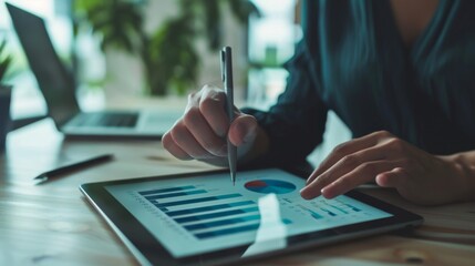 Aufkleber - A financial analyst pointing to a bar graph on a digital tablet, discussing quarterly revenue and profit margins.